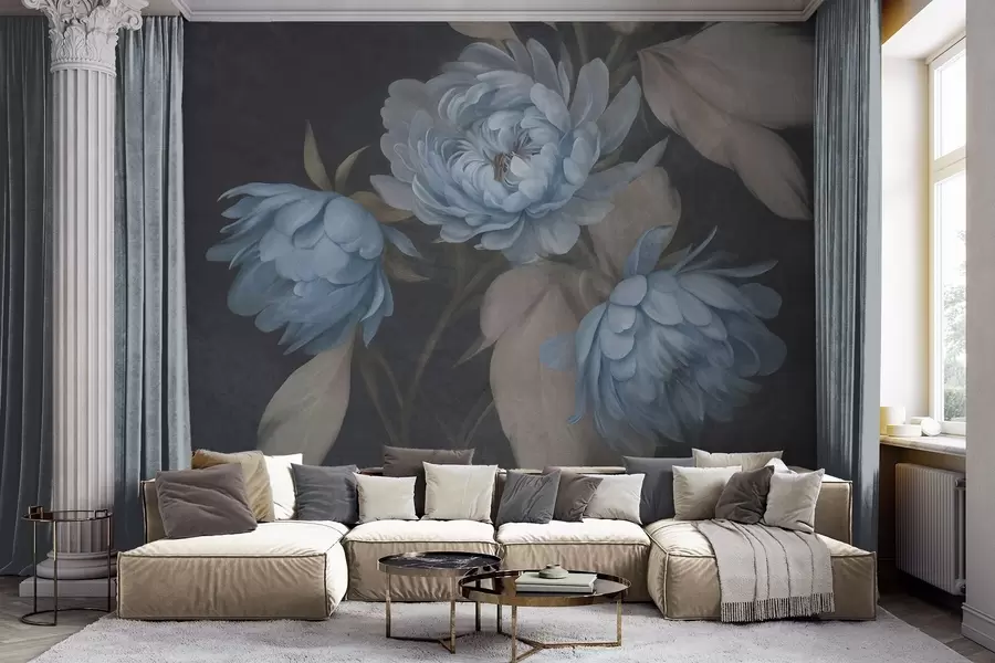 murais de parede Flores de peônia azul-claro com textura e folhas bege sobre um fundo escuro w09751