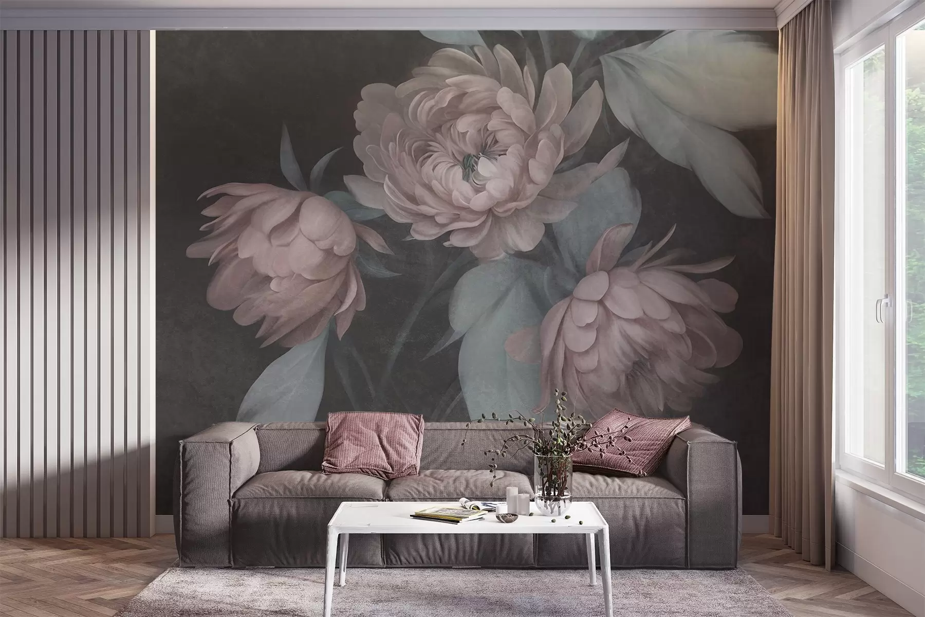 murais de parede Flores de peônia rosa claro com textura e folhas verdes suaves sobre um fundo escuro w09751v1