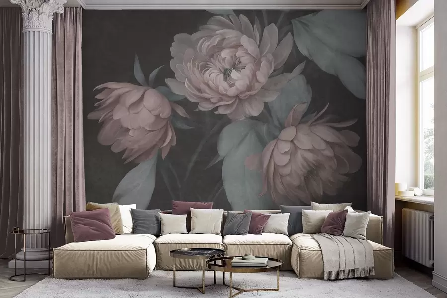 murais de parede Flores de peônia rosa claro com textura e folhas verdes suaves sobre um fundo escuro w09751v1