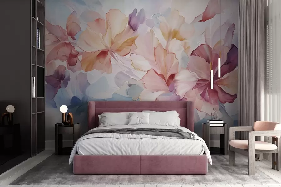 murais de parede Flores abstratas e fantásticas em tons de rosa, pêssego e lavanda, em estilo pictórico e com textura w09767