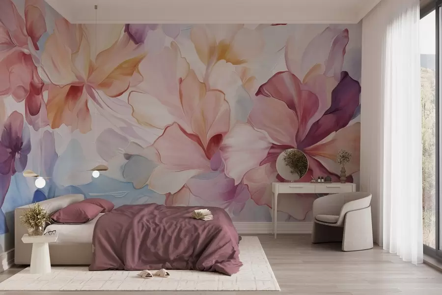 murais de parede Flores abstratas e fantásticas em tons de rosa, pêssego e lavanda, em estilo pictórico e com textura w09767