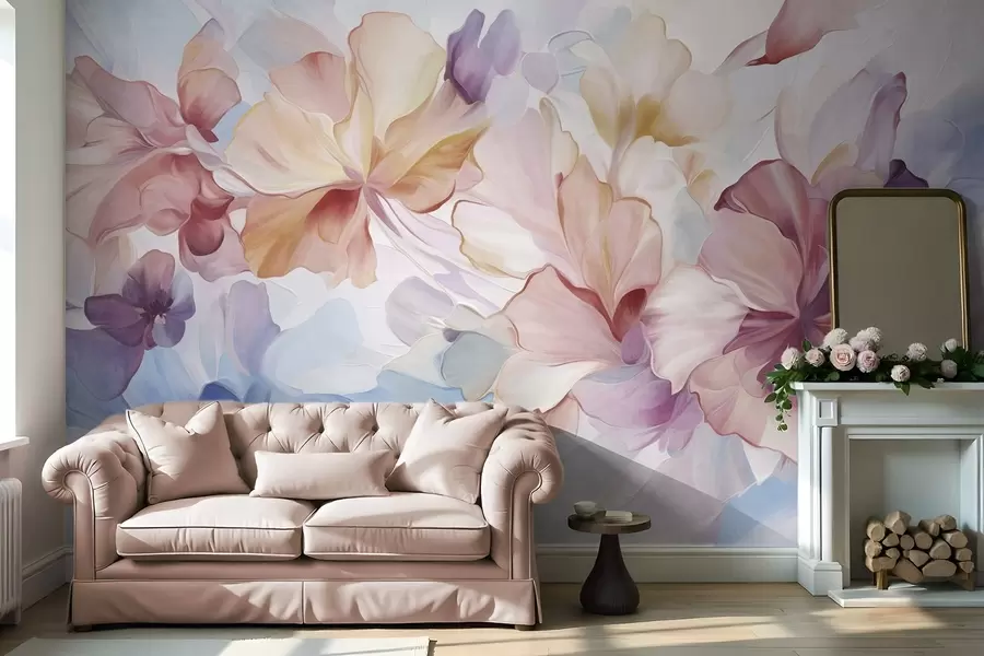 murais de parede Flores abstratas e fantásticas em tons de rosa, pêssego e lavanda, em estilo pictórico e com textura w09767