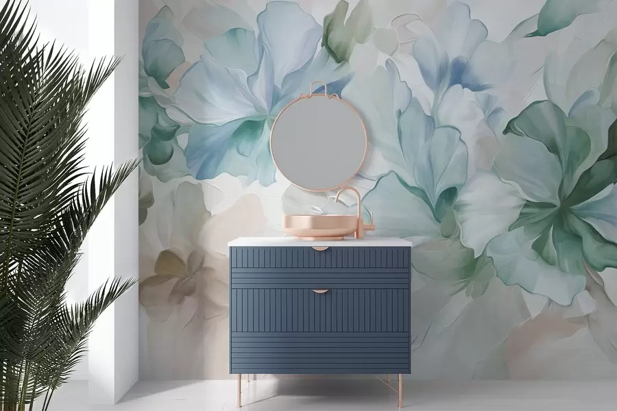 murais de parede Flores abstratas e fantásticas em tons de verde, azul e bege, em estilo pictórico e com textura w09767v1