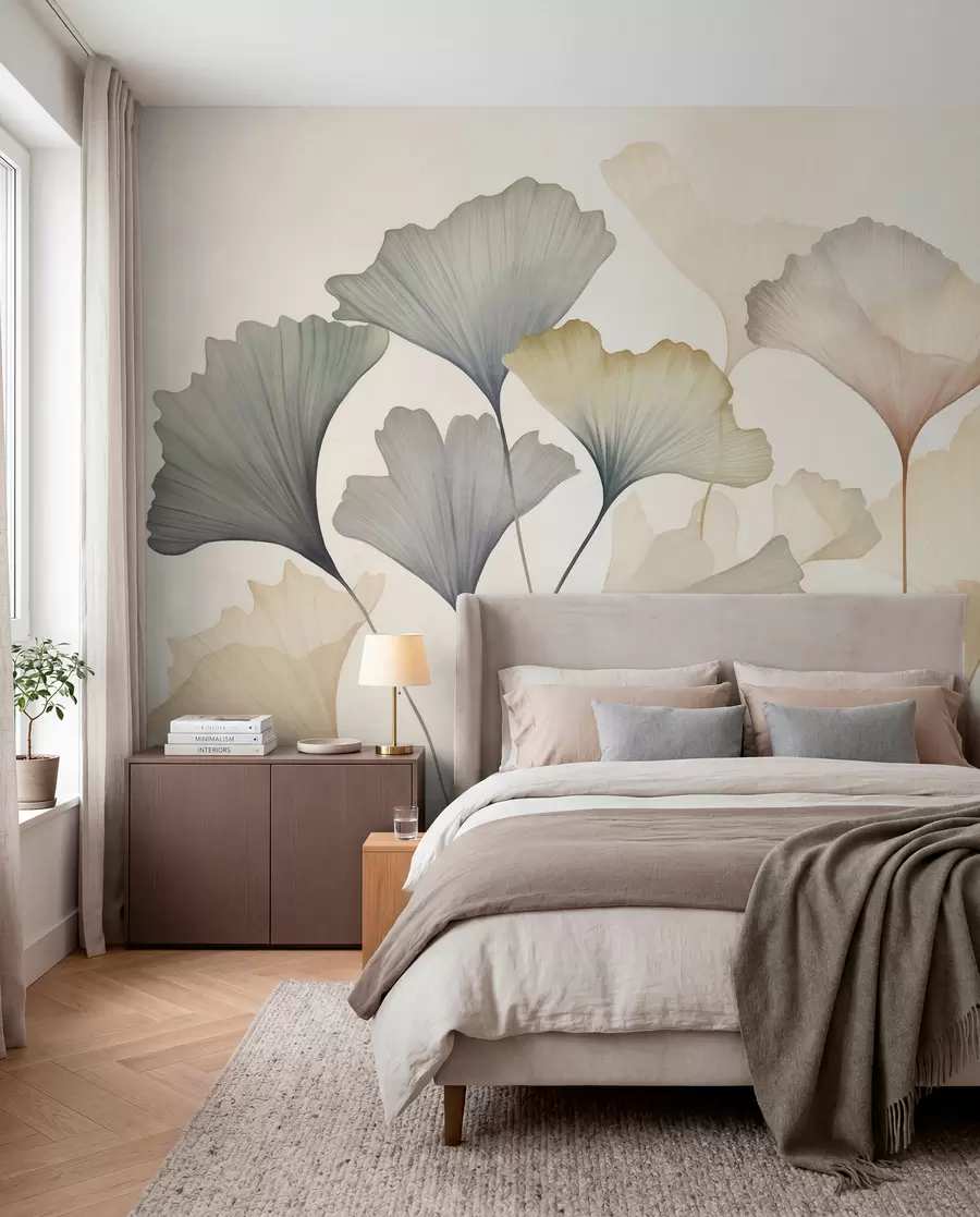 murais de parede Folhas de ginkgo em tons pastel suaves, como azul, verde e pêssego, numa obra de arte texturada w09810