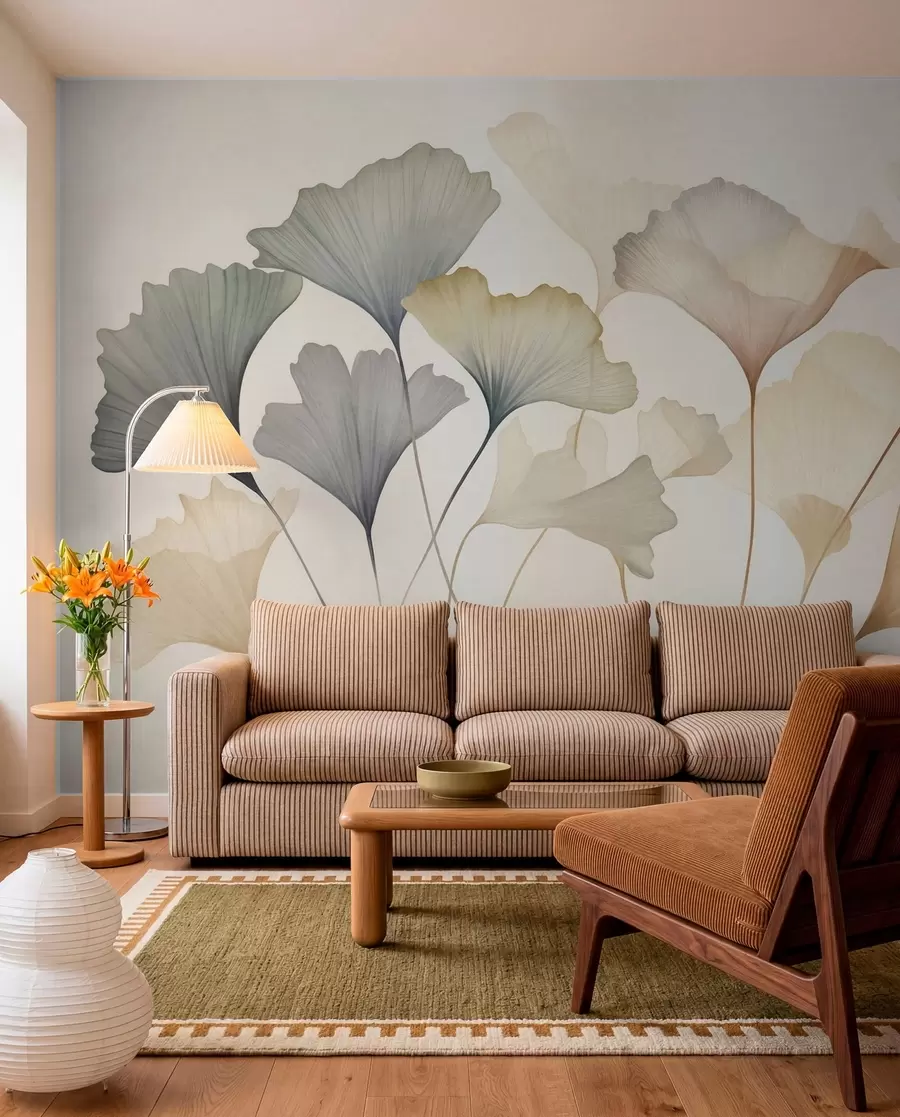 murais de parede Folhas de ginkgo em tons pastel suaves, como azul, verde e pêssego, numa obra de arte texturada w09810