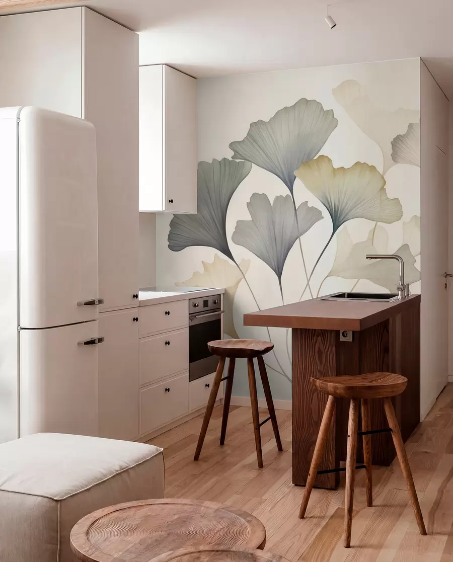murais de parede Folhas de ginkgo em tons pastel suaves, como azul, verde e pêssego, numa obra de arte texturada w09810