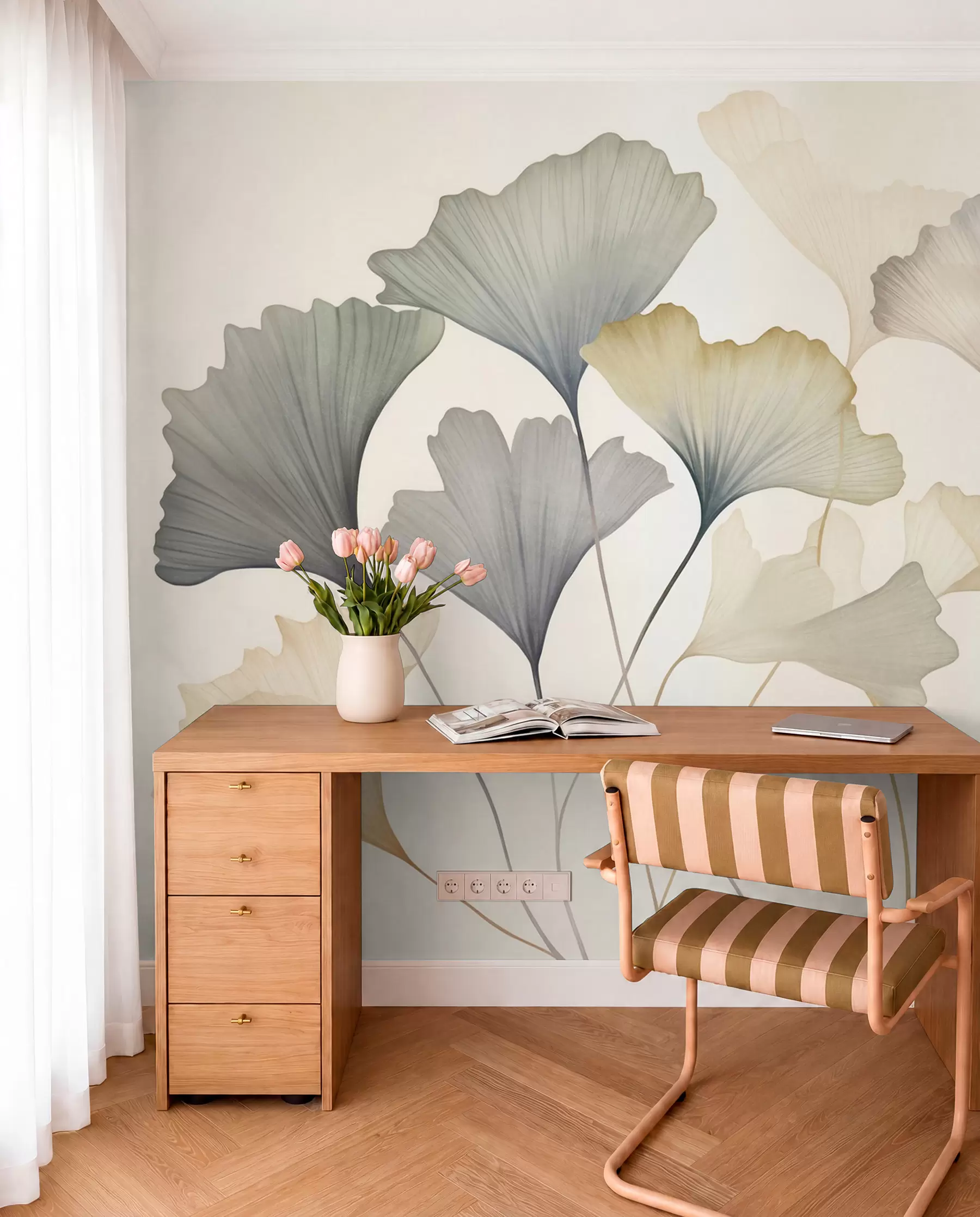 murais de parede Folhas de ginkgo em tons pastel suaves, como azul, verde e pêssego, numa obra de arte texturada w09810