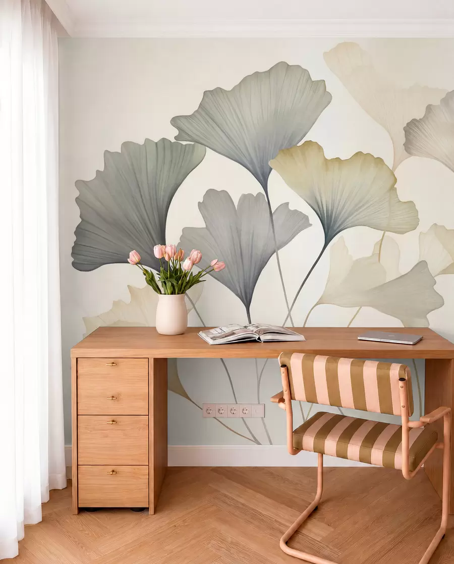 murais de parede Folhas de ginkgo em tons pastel suaves, como azul, verde e pêssego, numa obra de arte texturada w09810