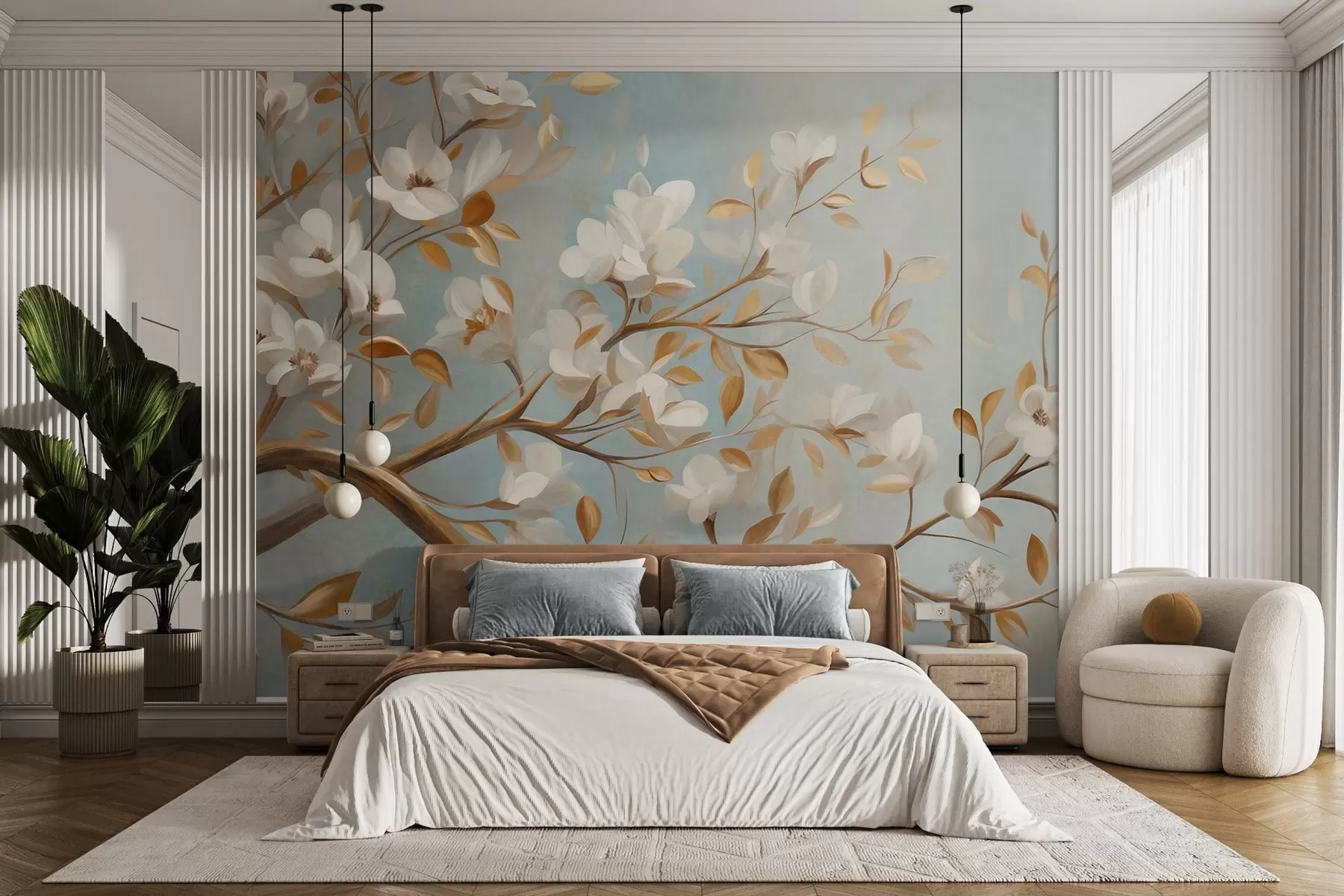 murais de parede Galho de árvore texturado com flores brancas e folhas amarelas, estilo vintage w09814