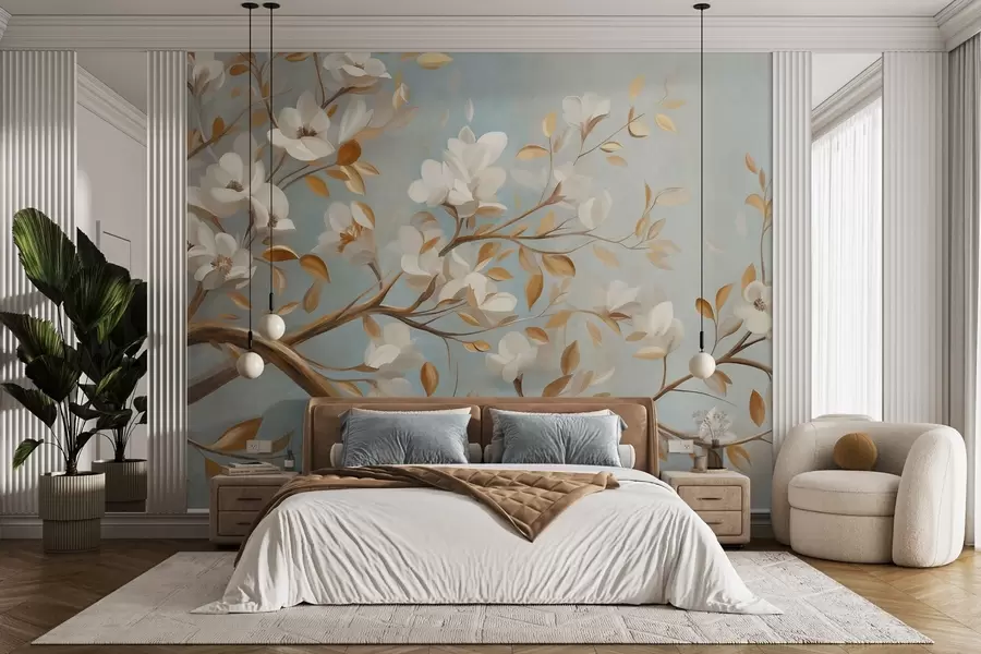 murais de parede Galho de árvore texturado com flores brancas e folhas amarelas, estilo vintage w09814