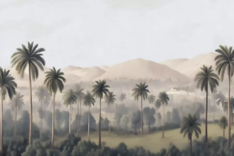 murais de parede Paisagem tropical com palmeiras e montanhas, panorama vintage em tons de bege e verde w09798