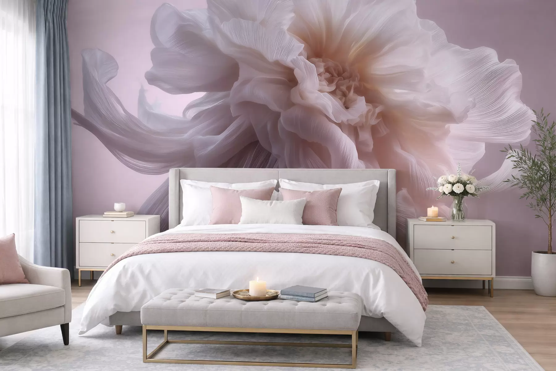 murais de parede Flor de seda volumosa em tons suaves de rosa e bege w09809