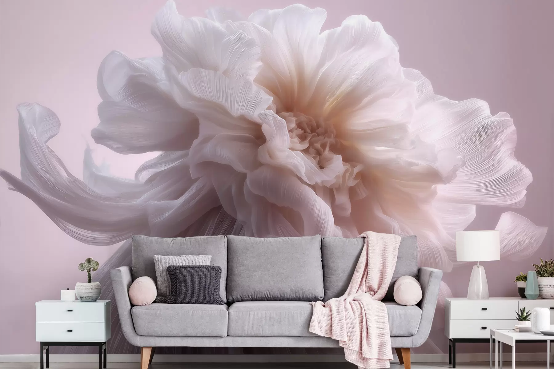 murais de parede Flor de seda volumosa em tons suaves de rosa e bege w09809