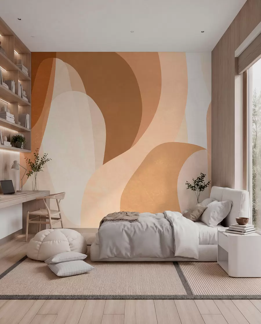 murais de parede curvas abstratas em tons de castanho, bege e castanho-avermelhado w05387