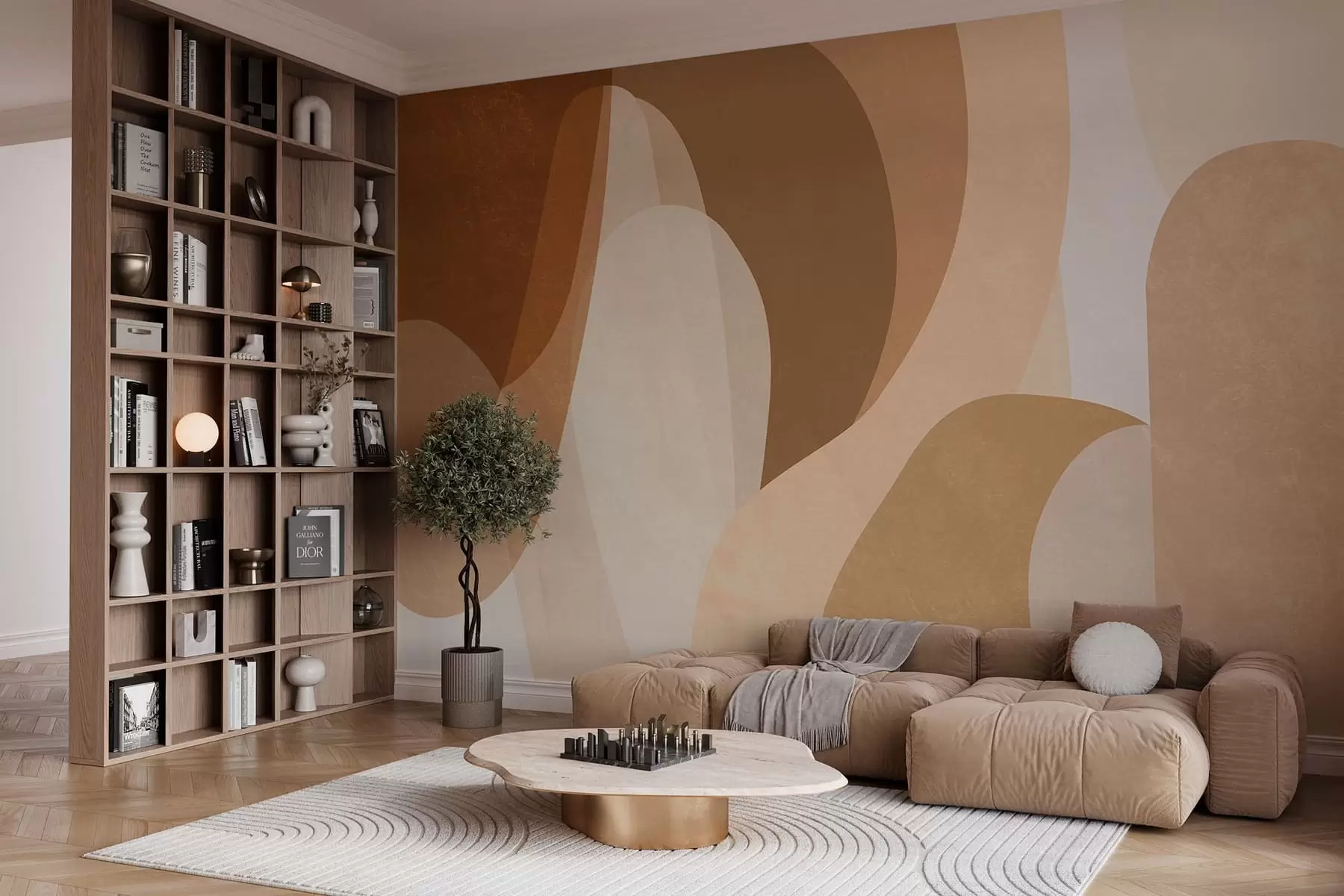 murais de parede curvas abstratas em tons de castanho, bege e castanho-avermelhado w05387