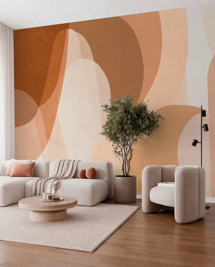 murais de parede curvas abstratas em tons de castanho, bege e castanho-avermelhado w05387