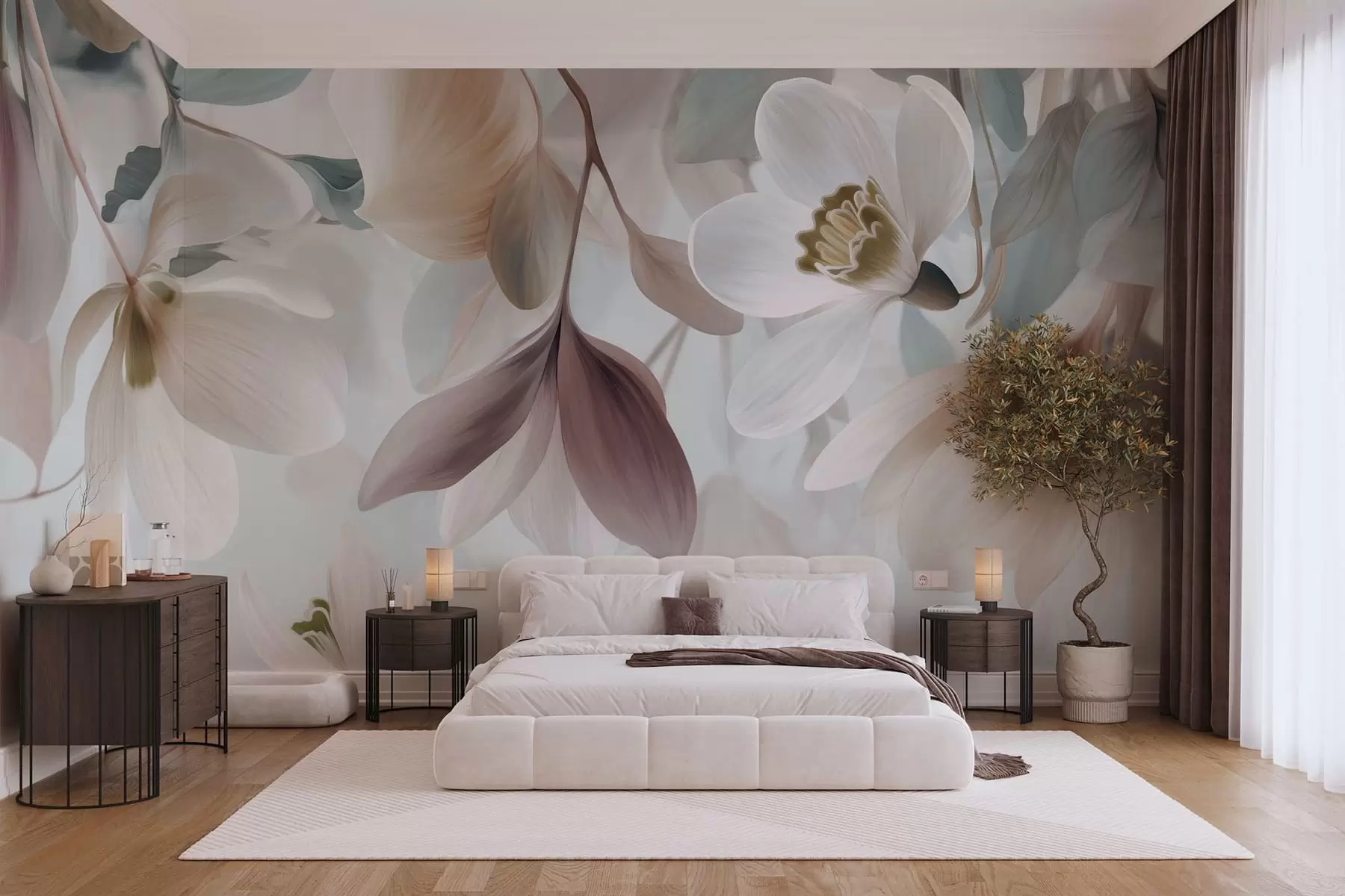 murais de parede uma delicada composição de flores e folhas em tons pastel w05240