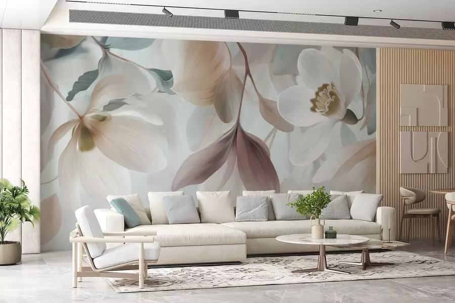 murais de parede uma delicada composição de flores e folhas em tons pastel w05240