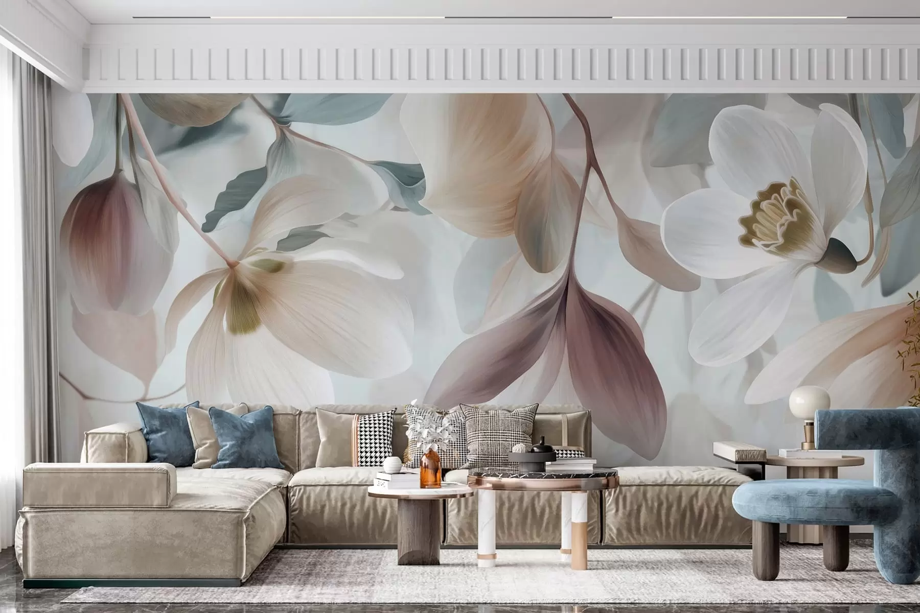 murais de parede uma delicada composição de flores e folhas em tons pastel w05240