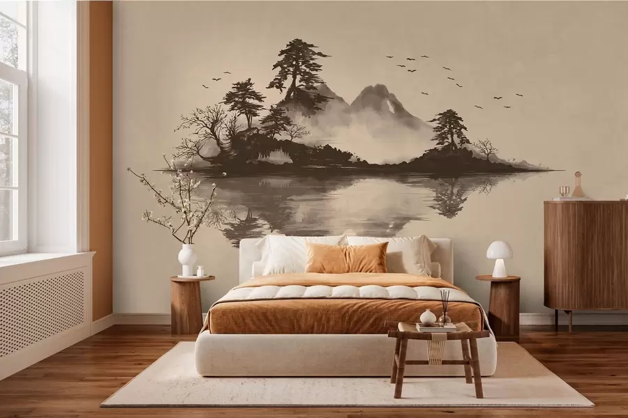 murais de parede Paisagem montanhosa em sumi-e com pinheiros e reflexo w05124