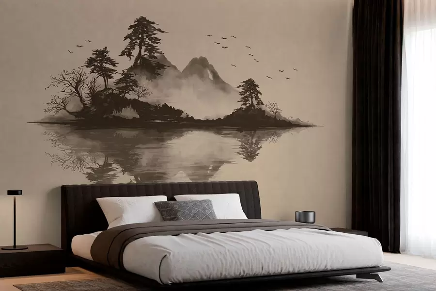 murais de parede Paisagem montanhosa em sumi-e com pinheiros e reflexo w05124