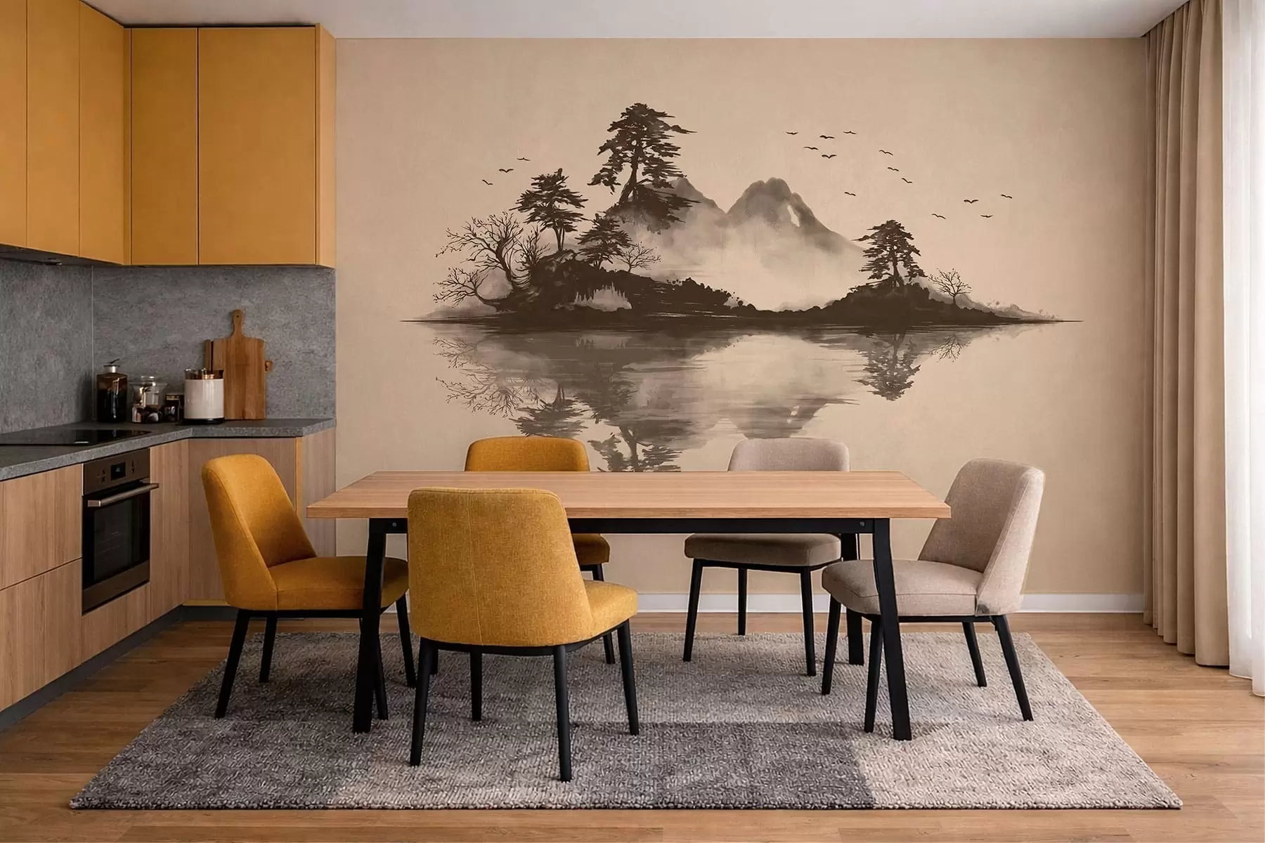 murais de parede Paisagem montanhosa em sumi-e com pinheiros e reflexo w05124