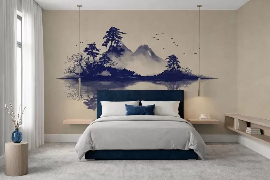 murais de parede Paisagem montanhosa em sumi-e em tons de azul w05124v2