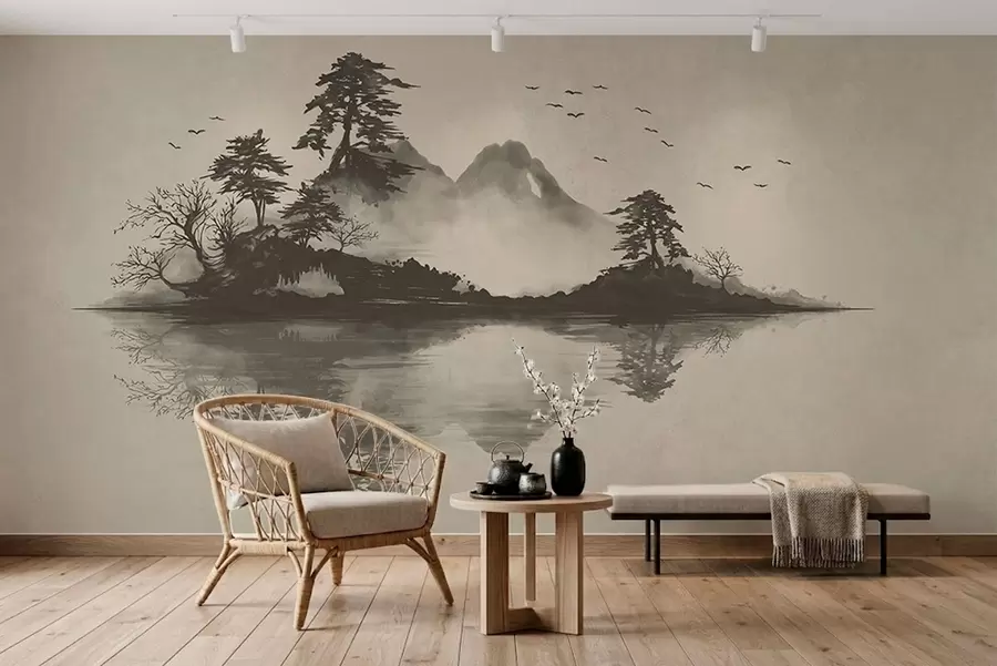 murais de parede Paisagem montanhosa em sumi-e, em suaves tons de cinzento w05124v1