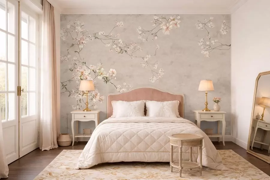 murais de parede Ramos florais delicados em estilo chinoiserie sobre fundo claro w05427