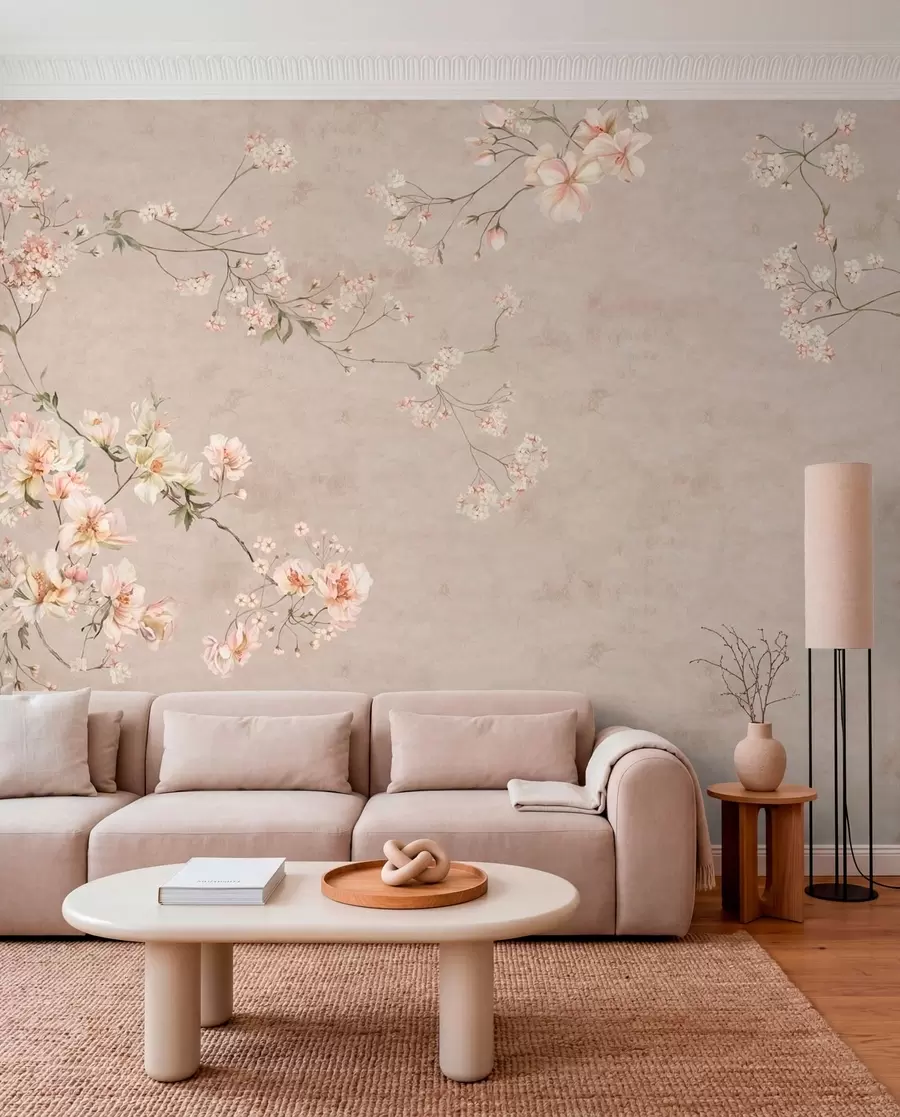 murais de parede Ramos florais delicados em estilo chinoiserie sobre fundo claro w05427
