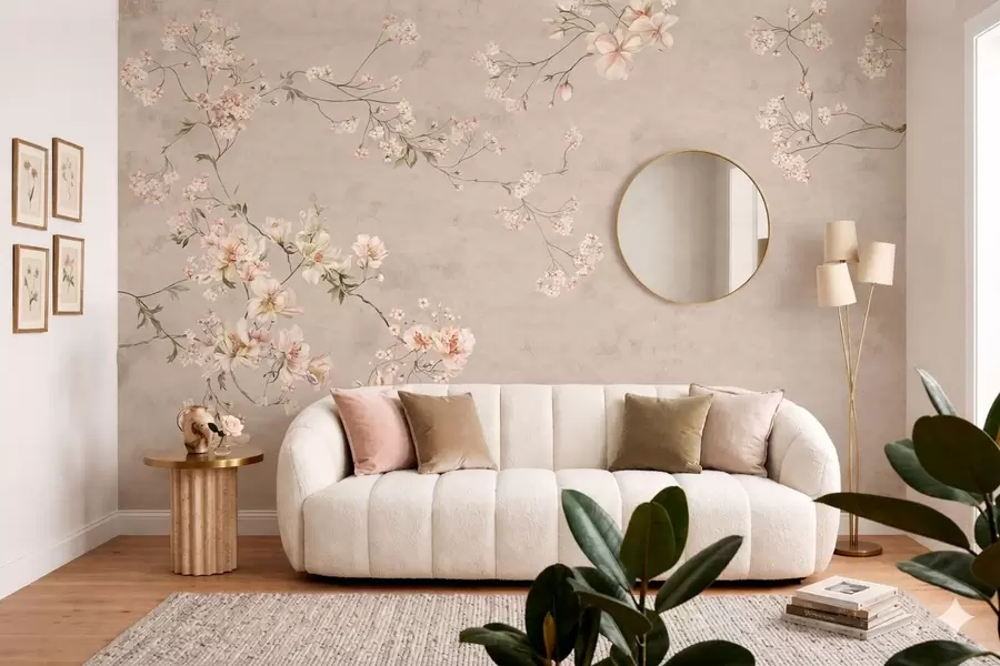 murais de parede Ramos florais delicados em estilo chinoiserie sobre fundo claro w05427