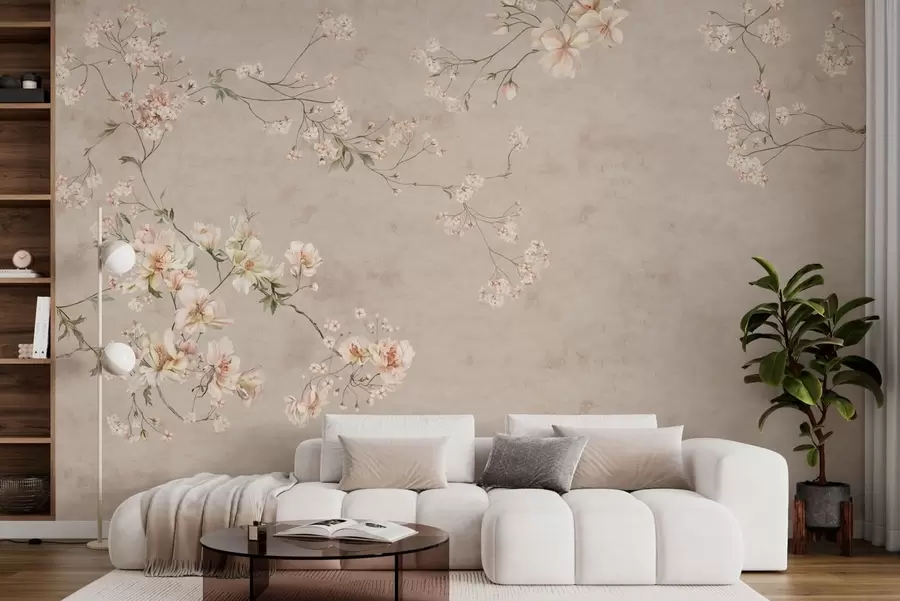 murais de parede Ramos florais delicados em estilo chinoiserie sobre fundo claro w05427