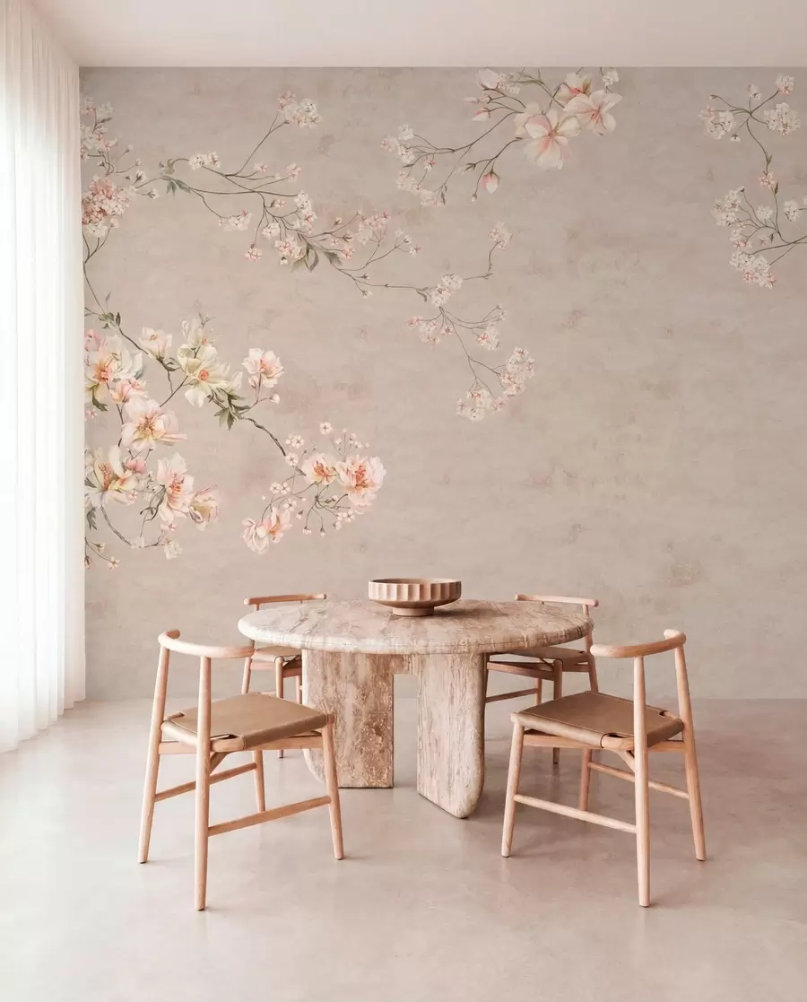 murais de parede Ramos florais delicados em estilo chinoiserie sobre fundo claro w05427