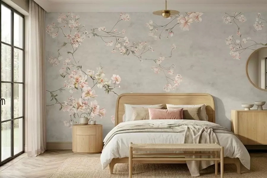 murais de parede Ramos florais em estilo chinoiserie sobre fundo cinzento w05427v1
