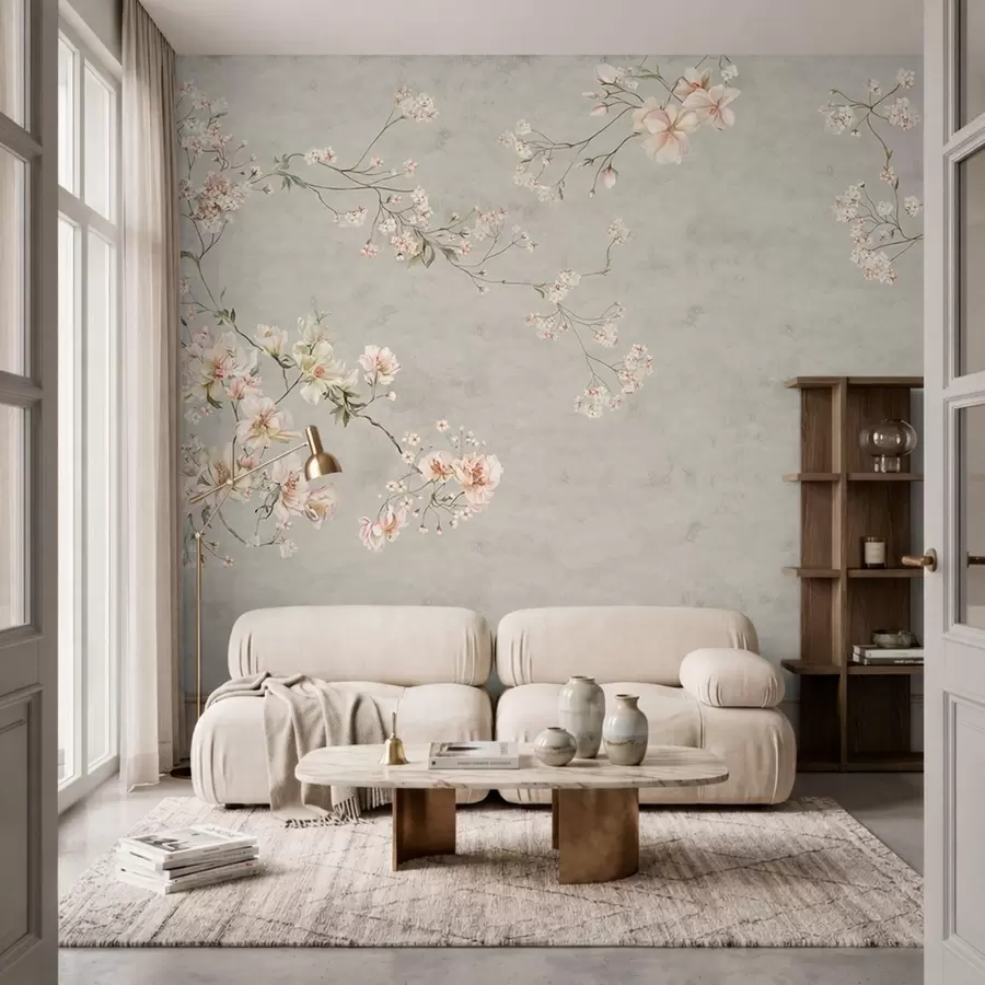 murais de parede Ramos florais em estilo chinoiserie sobre fundo cinzento w05427v1