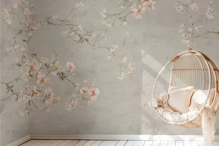 murais de parede Ramos florais em estilo chinoiserie sobre fundo cinzento w05427v1