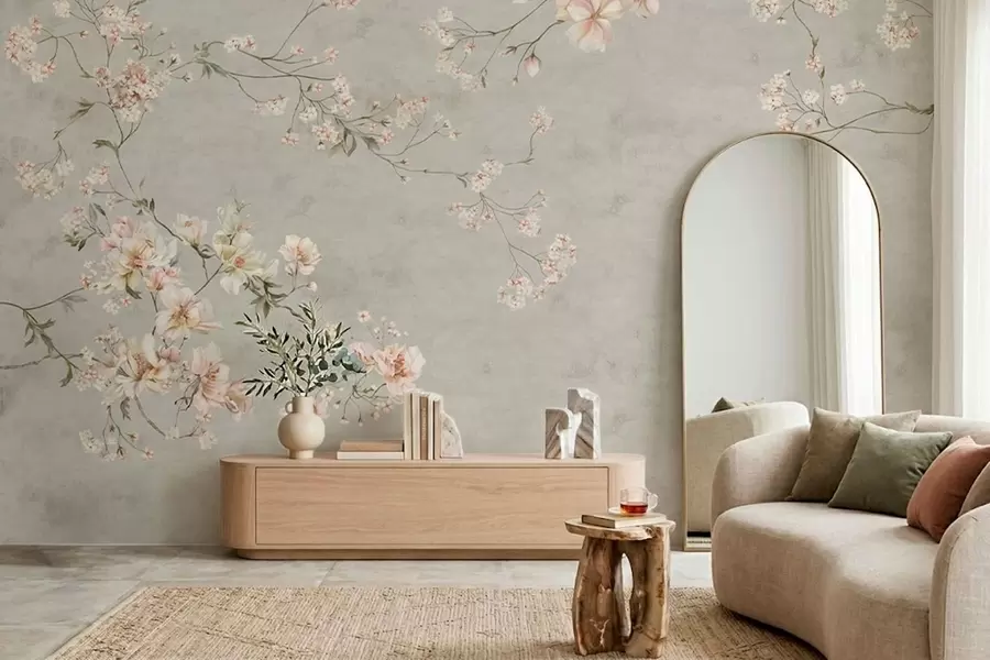 murais de parede Ramos florais em estilo chinoiserie sobre fundo cinzento w05427v1