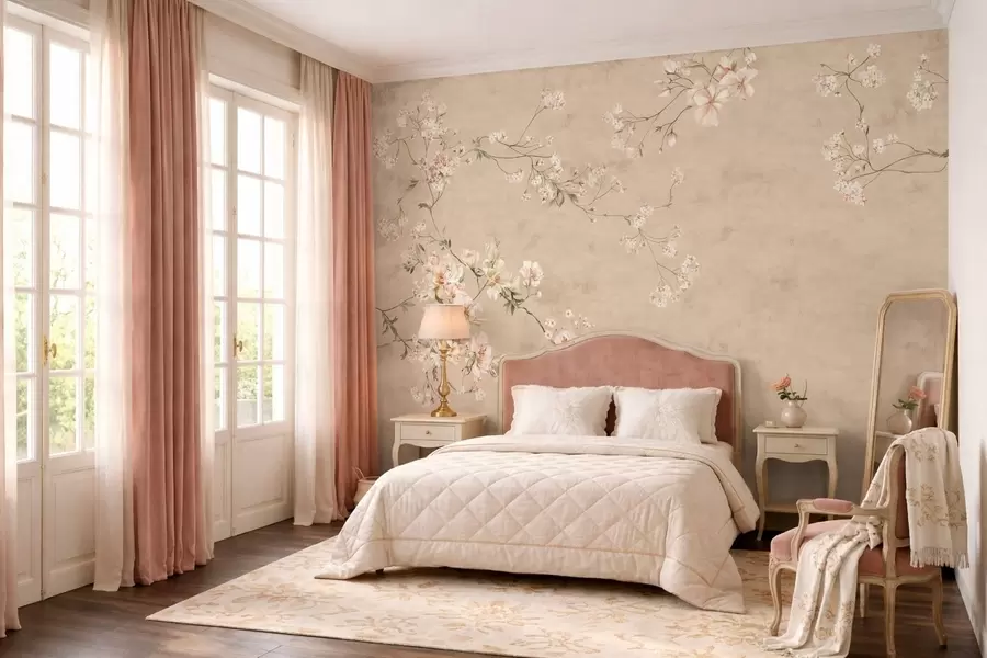 murais de parede Ramos florais em estilo chinoiserie sobre um fundo bege quente w05427v2