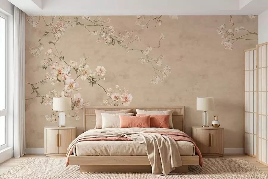 murais de parede Ramos florais em estilo chinoiserie sobre um fundo bege quente w05427v2