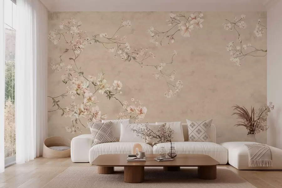 murais de parede Ramos florais em estilo chinoiserie sobre um fundo bege quente w05427v2