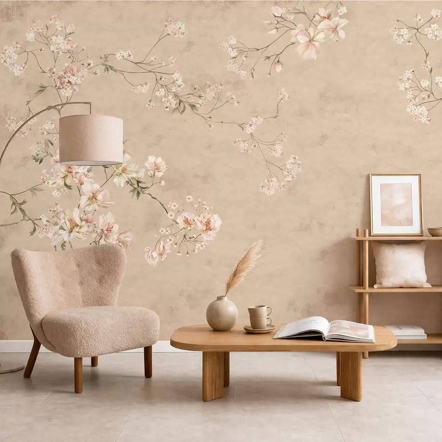 murais de parede Ramos florais em estilo chinoiserie sobre um fundo bege quente w05427v2
