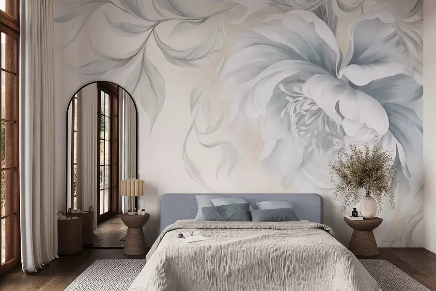 murais de parede Peônia grande e texturada, com pétalas delicadas e folhas cinzentas, pintada num estilo suave w09647
