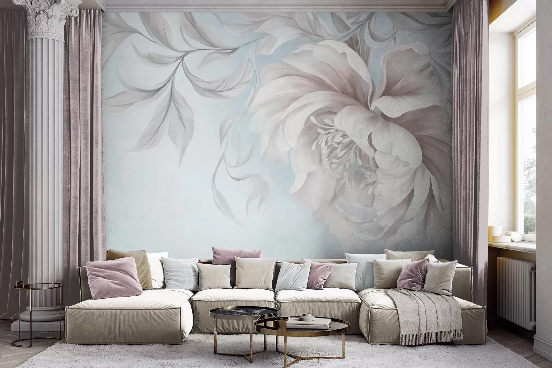 murais de parede Peônia grande e texturada, com pétalas delicadas e folhas cinzentas, pintada num estilo suave w09647v1