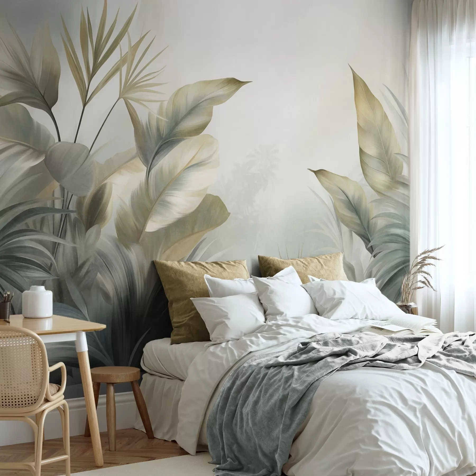 murais de parede Folhas tropicais grandes e texturadas em tons suaves de verde e bege, num ambiente de selva w09820