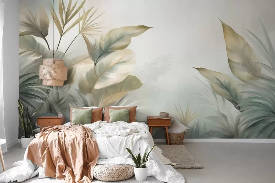 murais de parede Folhas tropicais grandes e texturadas em tons suaves de verde e bege, num ambiente de selva w09820