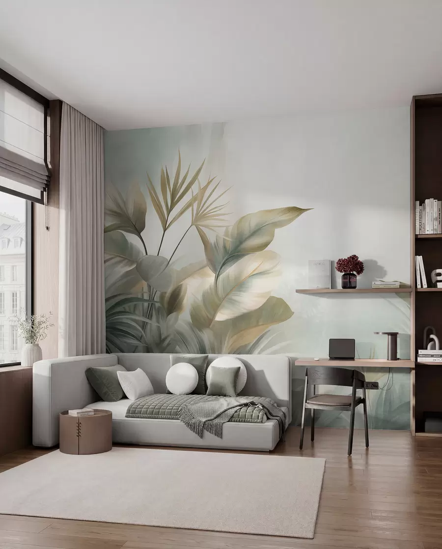 murais de parede Folhas tropicais grandes e texturadas em tons suaves de verde e bege, num ambiente de selva w09820