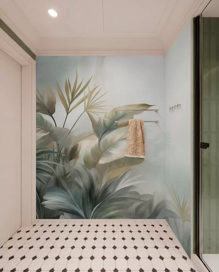murais de parede Folhas tropicais grandes e texturadas em tons suaves de verde e bege, num ambiente de selva w09820