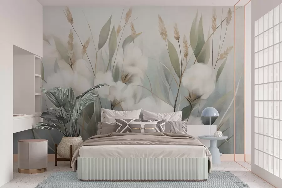 murais de parede Flores secas brancas e ervas altas sobre um fundo suave e discreto, pintadas em estilo impressionista w09823