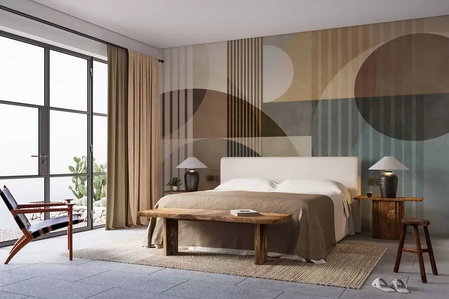 murais de parede Formas geométricas abstratas com círculos e linhas, tons terrosos suaves, composição texturada e em camadas w09834