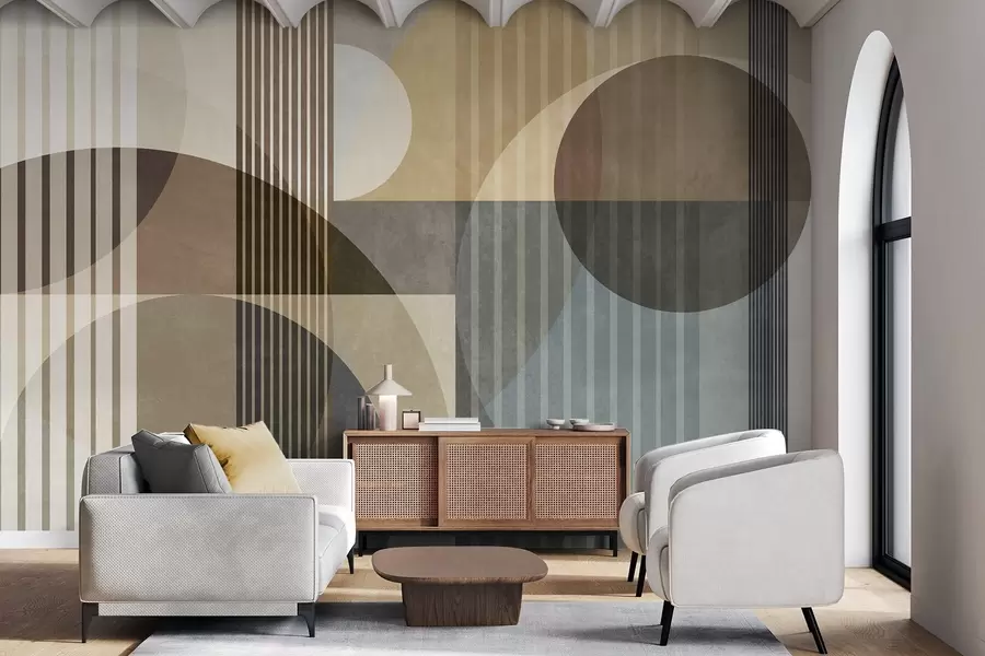 murais de parede Formas geométricas abstratas com círculos e linhas, tons terrosos suaves, composição texturada e em camadas w09834
